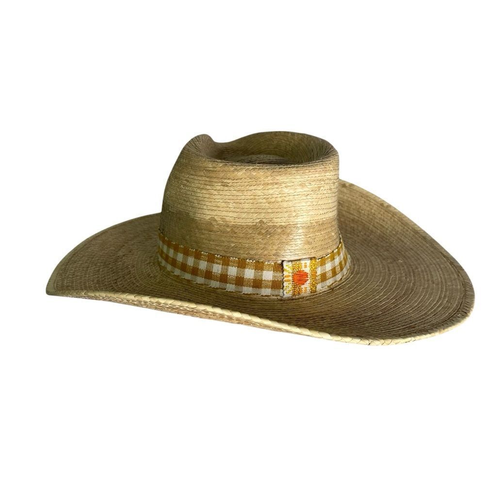 Sunshine Tienda Lidia Palm Hat Mustard Yellow Gingham Band Size M/L